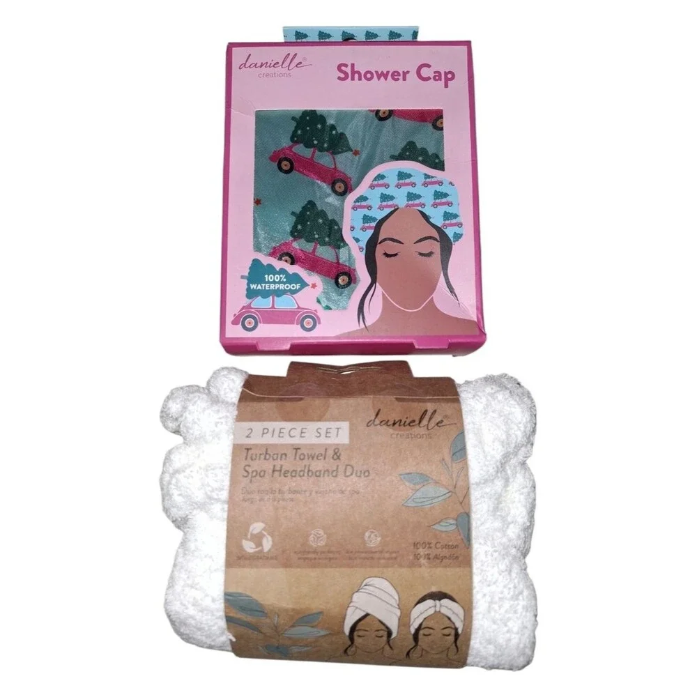 danielle creations Shower Cap & Spa Towel Set - Teal w/ Car Print & White Towel